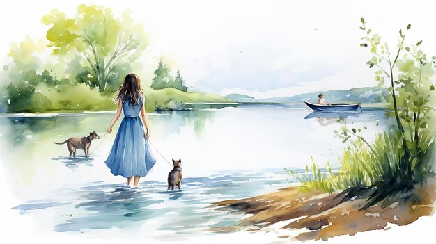 A 9yearold girl in a blue dress and a bun on the head stands on the riverbank