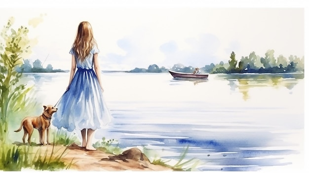 A 9yearold girl in a blue dress and a bun on the head stands on the riverbank