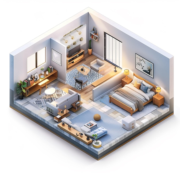 Вектор Трехмерный вид показывает дом с простой спальней и минималистской гостиной