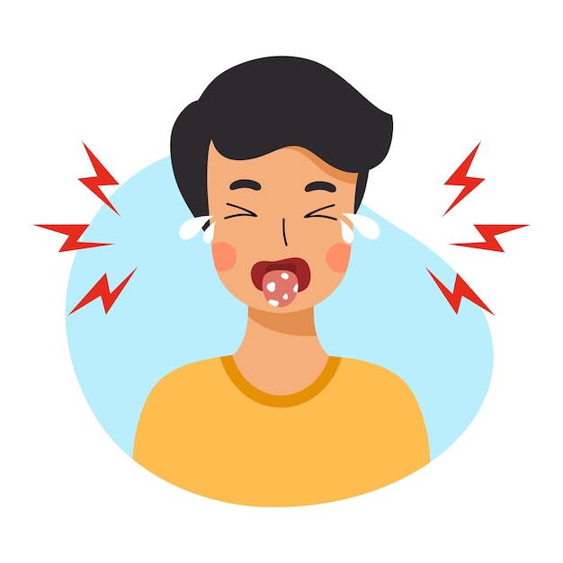 Vector Ã ã‚â¡hild heeft stomatitis in de mond. ziekten van de mondholte. candidiasis bij jongen.