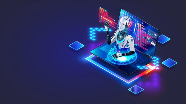 Vector a artificial intelligence chatbot helps a programmer to program an ai in the form of a robot sticks his head out from a laptop screen create the program code creating software using an ai chatbot