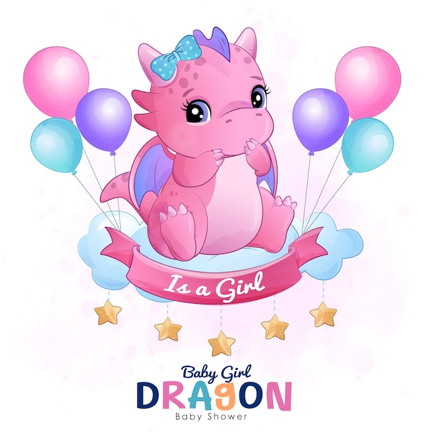 Вектор Плакат детского душа с драконом для девочки с розовым драконом наверху.