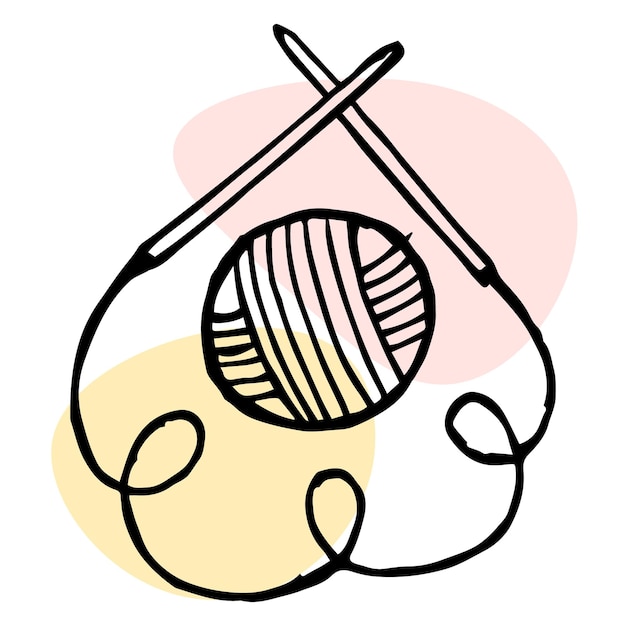 糸と編み針のボール。手描きの線画、ベクトル