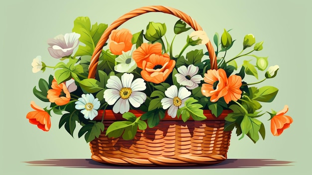 Вектор Корзина с цветами на зеленом фоне и корзина с цветами