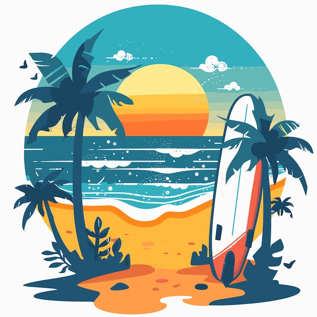 Сцена на пляже с доской для серфинга и пальмой