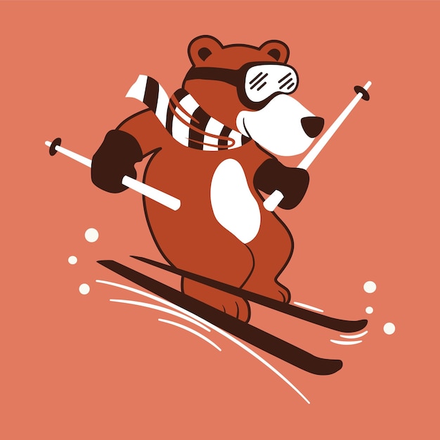 Вектор Медведь на лыжах одет в платок и платок.