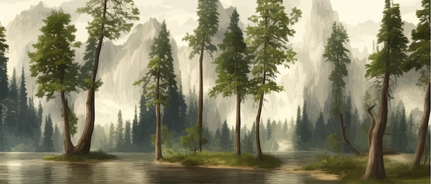 Вектор Прекрасный таинственный сосновый лес с большими деревьями и отличной растительностью с болотистым вектором