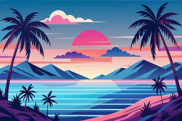 벡터 a beautiful tropical scene with a sunset in the background