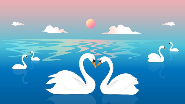 柔らかいピンク色の夕焼けを背景に恋に泳ぐ素敵な白鳥がいる大きな美しい湖