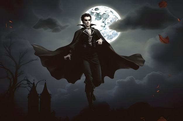 ベクトル 満月と雲を背景に大きな吸血鬼がハロウィンイメージ