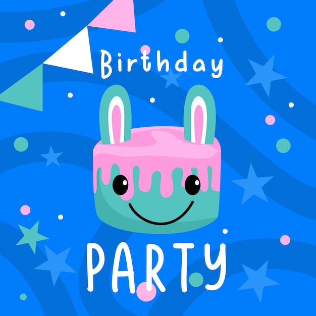Вектор Плакат вечеринки по случаю дня рождения с кроличьим тортом и надписью «день рождения» на нем.
