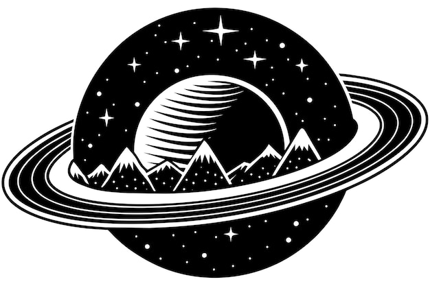 Черно-белый рисунок планеты с горами и звездами