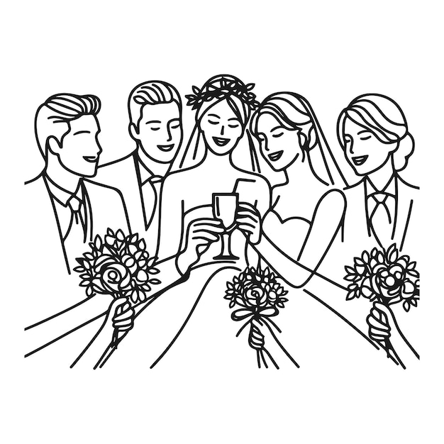 ベクトル a black and white drawing of a wedding party with a bride and groom