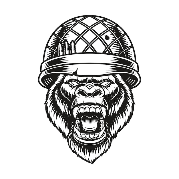 Вектор Черно-белая иллюстрация солдата-гориллы