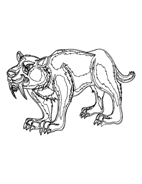 벡터 큰 이빨과 큰 코를 가진 호랑이의 흑백 삽화.