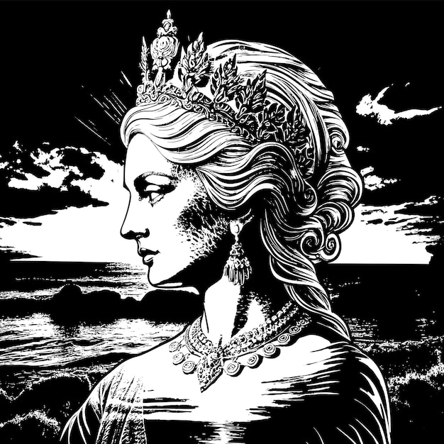 ベクトル 黒と白のイラストで頭に王冠をかぶった女性が描かれています