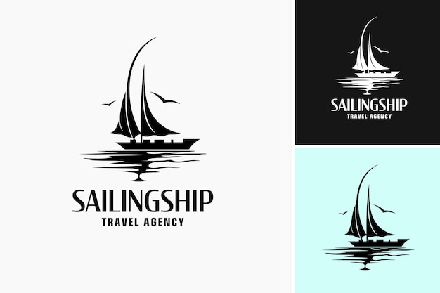 ベクトル 帆船の冒険を専門とする旅行代理店の白黒の帆船ロゴ デザイン