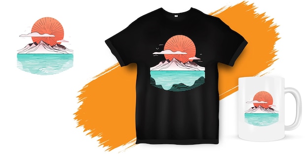 ベクトル 黒いtシャツで色とりどりの山の夕暮れのラインアートのデザインが描かれています