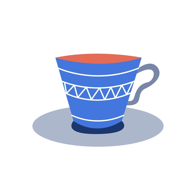 벡터 흰색 배경에 커피 또는 차가 있는 접시에 파란색 컵 엽서 스티커용 벡터 플랫 이미지 장식