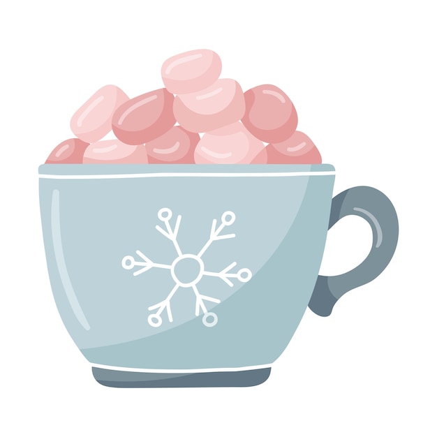 Вектор Синяя кружка со снежинкой и розовым зефиром ручная плоская зимняя чашка с горячим напитком элемент дизайна изолирован на белом фоне цветовая векторная иллюстрация