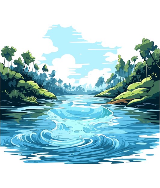 벡터 배경에 강과 나무가 있는 파란 강.
