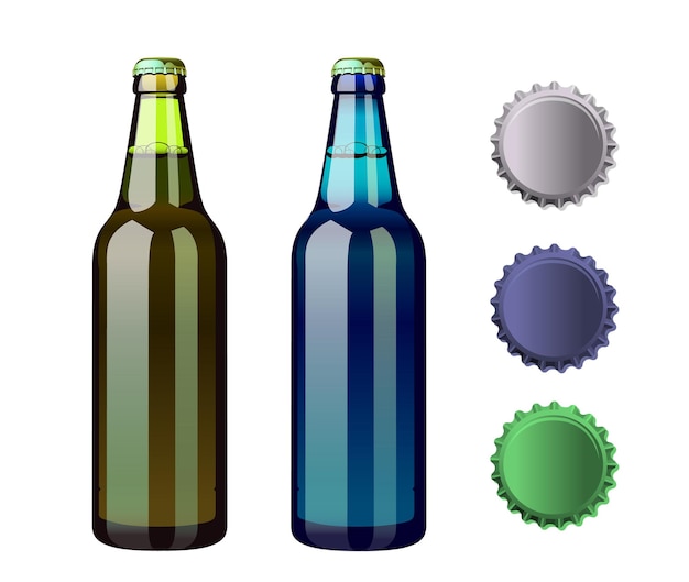 왼쪽에 파란색 모자가 있는 녹색 맥주 한 병과 오른쪽에 녹색 레이블이 있는 녹색 병.