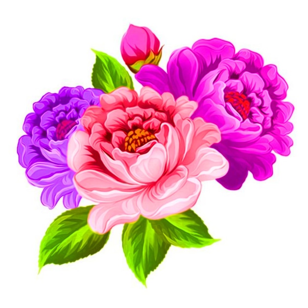 Вектор Букет розовых и фиолетовых цветов на белом фоне.