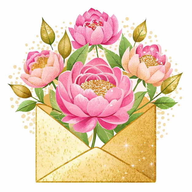Вектор Букет розовых цветов в золотом конверте цветы расположены так, что они выглядят так, как будто они цветут
