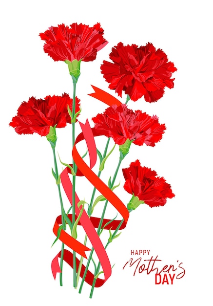 Вектор Букет красных гвоздик, переплетенных лентами. поздравительная открытка на день матери.