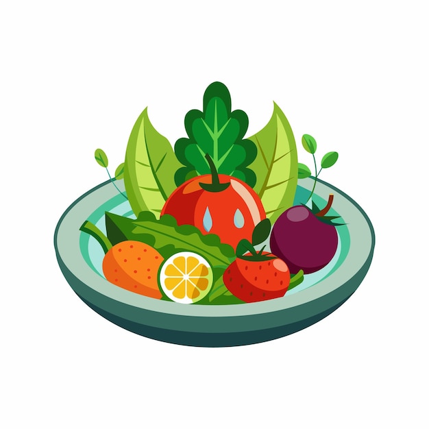 Вектор a bowl of fruit and vegetables with a picture of a strawberry on the bottom