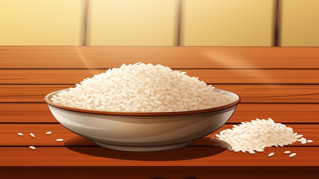 ベクトル 米の鉢と一緒に木製のテーブルの上に米の鉢
