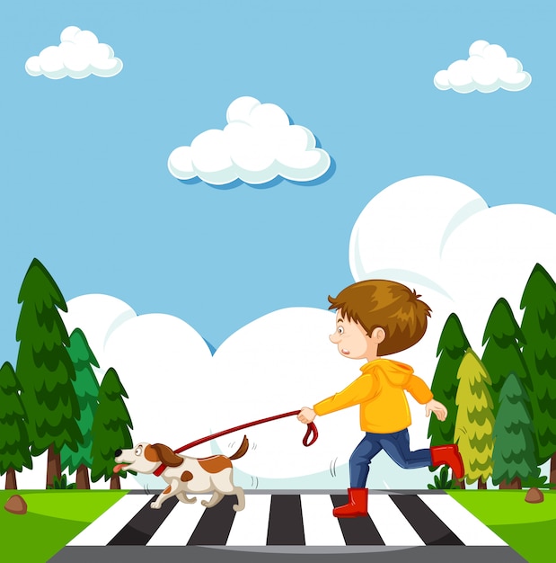 Вектор Мальчик пересекает улицу с собакой