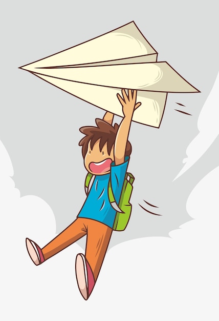 ベクトル 折り紙の紙飛行機で飛ぶ少年
