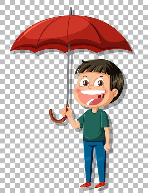 Вектор Мальчик, держащий зонтик, смеется на фоне сетки