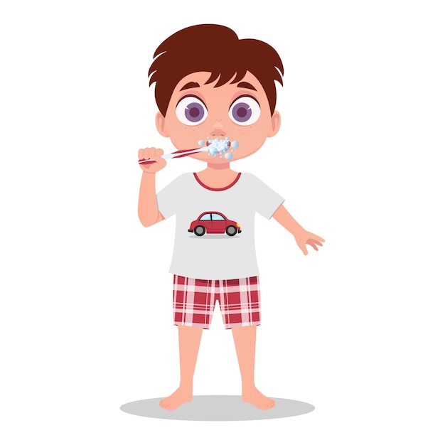 Вектор Мальчик в пижаме чистит зубы. векторная иллюстрация