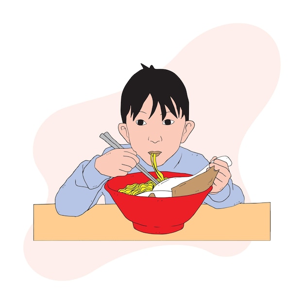 ベクトル 男の子が麺を食べている