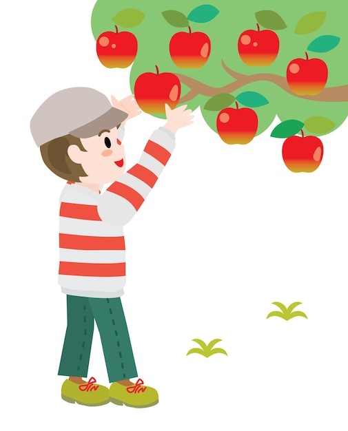 Вектор Мальчик, который собирает яблоки