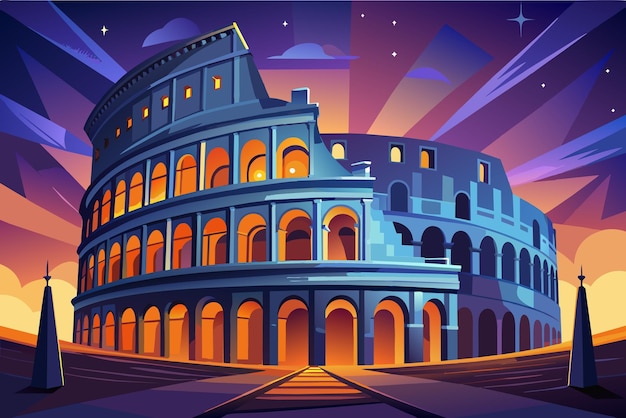 벡터 로마의 콜로세움 (colosseum) 의 야간 조명, 고대 로마의 웅장함과 건축적 화려함을 보여주는 숨막히는 사진