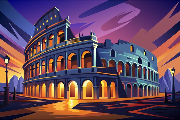 벡터 로마의 콜로세움 (colosseum) 의 야간 조명, 고대 로마의 웅장함과 건축적 화려함을 보여주는 숨막히는 사진