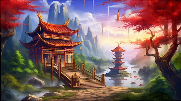 ベクトル 山のゲームの背景にある寺院につながる橋