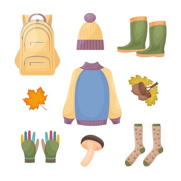 秋のアクセサリー、暖かいセーター、帽子のゴム長靴、暖かい靴下、キノコ、黄色のカエデの葉、熟したどんぐりで構成される明るい大規模なセット秋のシンボルベクトル
