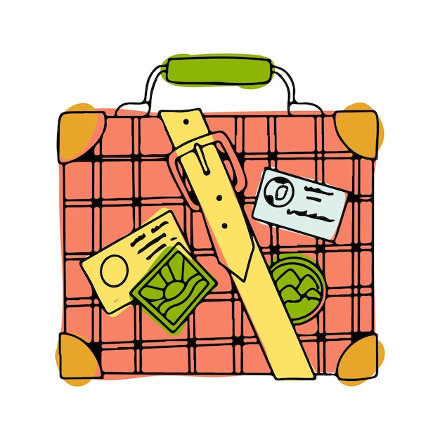 Вектор Яркий чемодан для путешествий ручной багаж сумка развлечений переезжает в другую страну векторная иллюстрация на белом фоне в стиле doodle