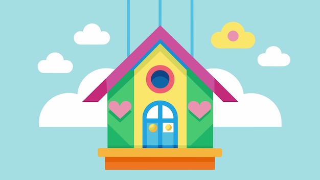 벡터 복잡 한 창문 과 문 세부 사항 을 갖춘 밝은 색 의 새집 이 어린이집 에 매달려 있다
