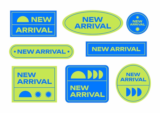 벡터 새로운 도착을 알리는 녹색 스티커 묶음 cool trendy shopping stickers pack