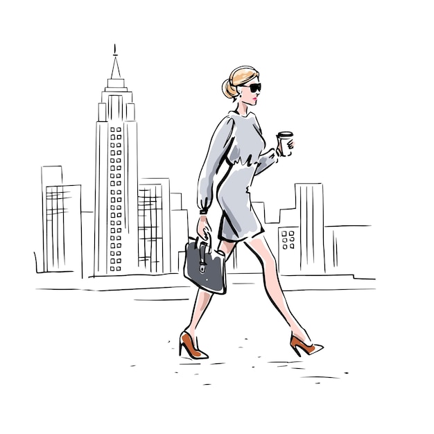 Деловая женщина идет на работу. мегаполис. векторная иллюстрация рисованной.