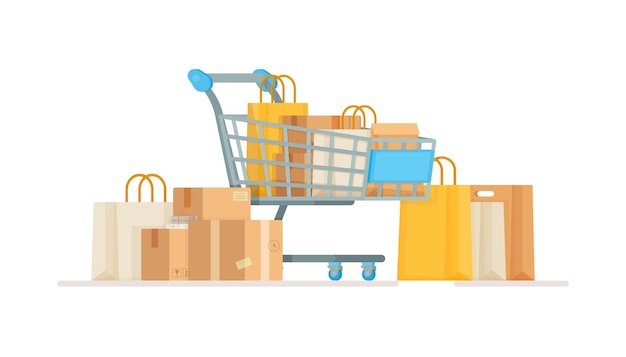 상점 출구에 가방과 상자가있는 카트. 상품 또는 식품 구매. 장바구니의 그림입니다. 상점으로의 쇼핑 여행.