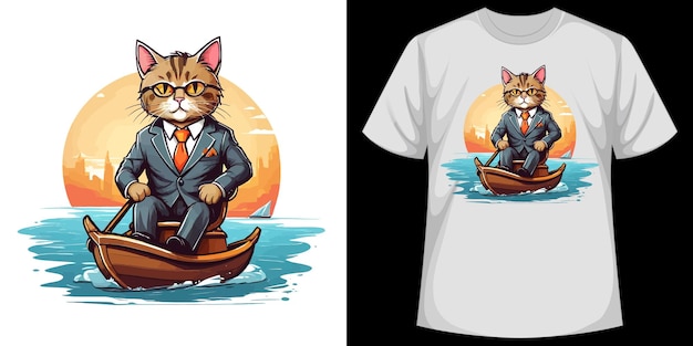 Вектор Мультфильмная кошка в костюме сидит на лодке