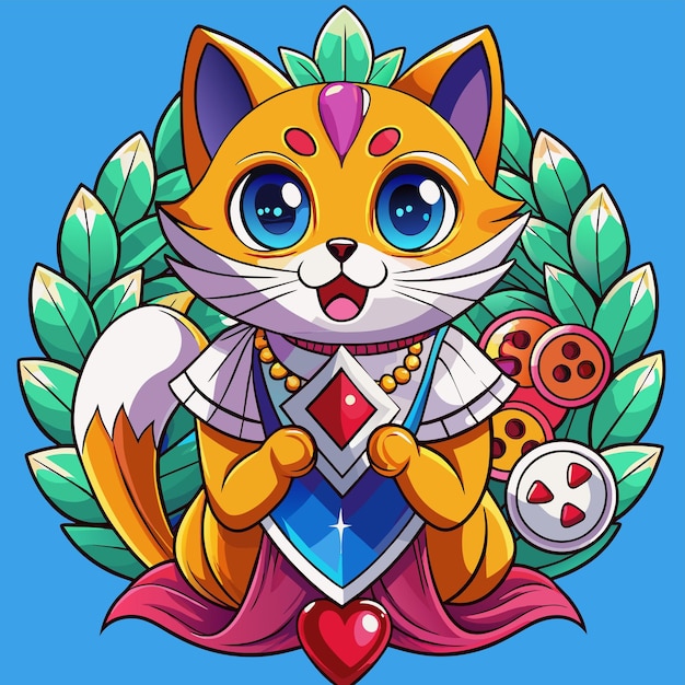 Вектор Мультфильмная кошка с мечом и сердцем на ней