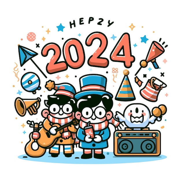 ベクトル 新年2024年の漫画キャラクターと背景の他のもの