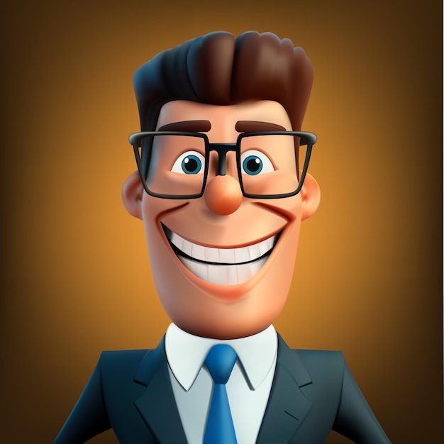 Вектор Мультипликационный персонаж в очках и синем галстуке улыбается.
